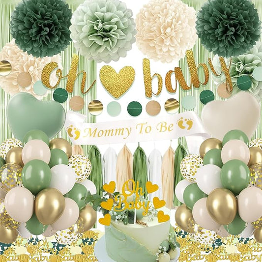 Baby Shower Decoration, Sage Green Gender Neutral Baby Shower Party Decorations with Balloons, Oh Baby Banner, Pom Poms, Cake Topper, Confetti, Mom To Be Shoulder Sash for Boy Girl Baby Showers Decor