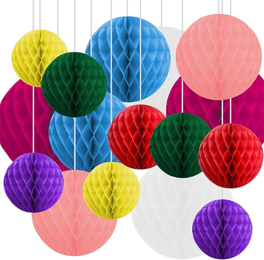 16 Pack Honeycomb Decorations Tissue Paper Honeycomb Decorations Garland, Poms Birthday Baby Shower Wedding Decorations Large Mix Paper Ball Decorations Balloons Classroom Office Store Shop (Happy)