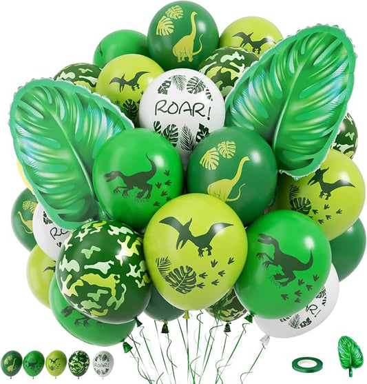 Dinosaur Balloons, 12 Inch Dino Printed Balloons with Palm Leaves Confetti Balloons for Birthday Party Jungle Dinosaur Safari Themed Decoration Supplies