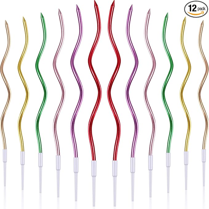 BBTO 12 Pcs Twisted Birthday Candles Spiral Metallic Cupcake Thin Long Cake Candles with Holders for Birthday Wedding Party(Assorted Metallic Colors)