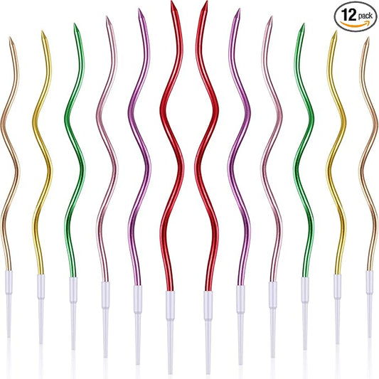 BBTO 12 Pcs Twisted Birthday Candles Spiral Metallic Cupcake Thin Long Cake Candles with Holders for Birthday Wedding Party(Assorted Metallic Colors)