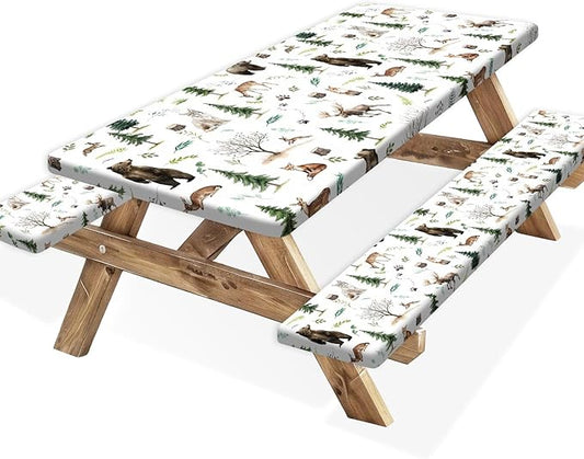 Picnic Table Cover with Bench Covers, Camping Essentials, Funny Rustic Woodland Animals Dear Beer Fox Table Cover Waterproof Fitted Tablecloth Cover with Elastic Edge for Outdoor 3 PCS 30x96 Inch