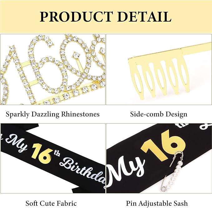 CAVETEE Gold Birthday Crown and Tiara for Women, Sash for Girls - Birthday Party Decoration