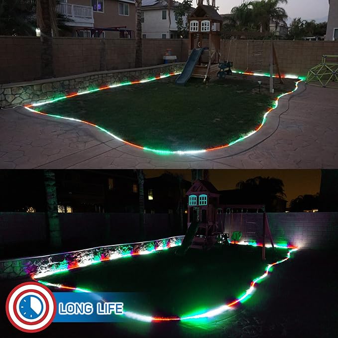 Russell Decor 40ft Red White Green LED Rope Lights with Patriotic Lights with 4-Level Dimmable Controller Outdoor Decorative Lighting for California Mexico Italy Theme Colors Decor