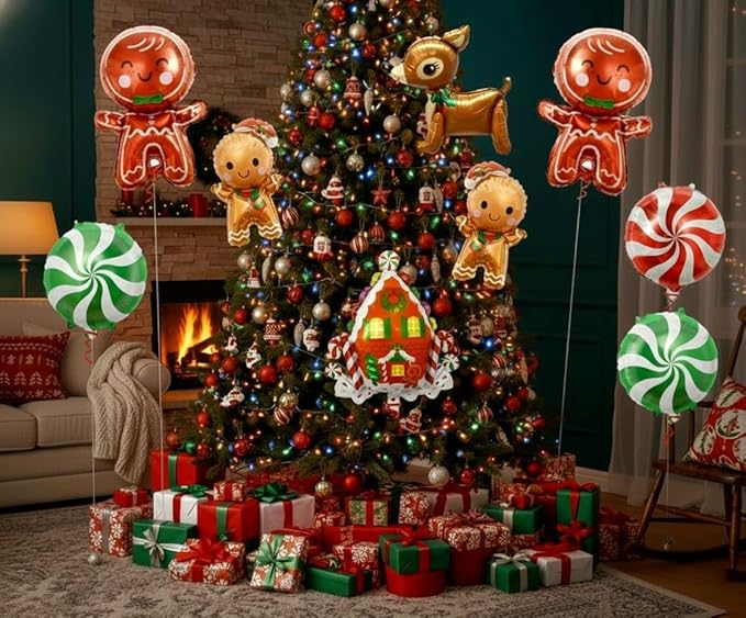 KatchOn, Merry Christmas Balloons Decorations - 32 Inch, Pack of 8 | Foil Balloon Christmas Decorations Indoor | Candy Cane Balloon, Gingerbread Balloons for Party Decorations | Holiday Decor