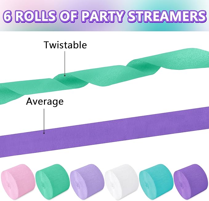 Crepe Paper Streamers 2.2" x 123 Ft Per Roll, Pastel Streamers Party Supplies for Mermaid Princess Birthday Party Baby Shower Wedding Backdrops Decorations, Pink, Green, Blue, White, Purple