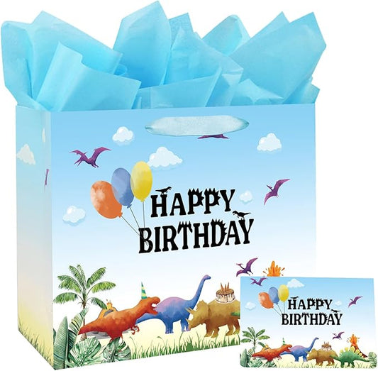 13" Large Watercolor Dinosaur Birthday Gift Bag for Boy Kids with Card and Tissue Papers (13" Blue)
