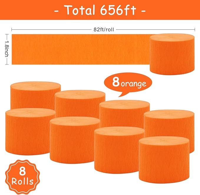 8 Rolls Orange Crepe Paper Streamers Fall Party Streamers Photo Booth Backdrop for Thanksgiving Halloween Birthday Party Decorations（Total 656ft,1.8Inch x 82Ft/Roll）