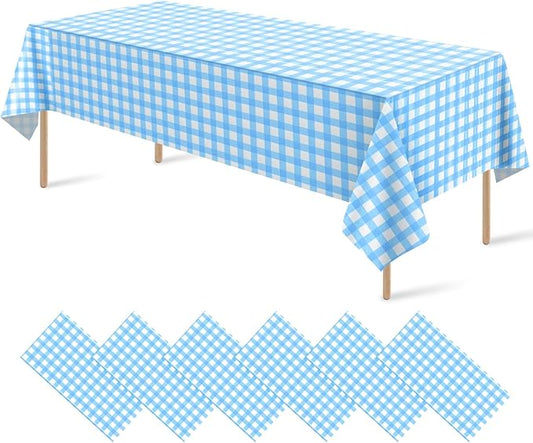 6Pack Light Blue and White Plastic Checkered Tablecloth, Premium Decorative Disposable Light Blue Gingham Plaid Tablecloth for Party, Rectangle Party Table Cover for Picnic Farm Birthday, 54x108 Inch