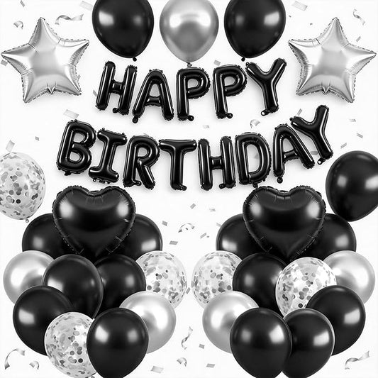 Black and Silver Birthday Decorations,Black and Silver Balloons Happy Birthdays Banner Balloon Heart and Star Foil Balloons for Men Boy Birthday Baby Shower Party Decorations