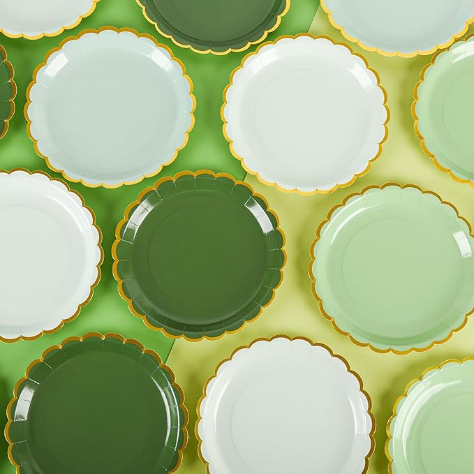 AimFun 24 Pcs Sage Green Scalloped Party Plates St Patricks Day Gold Foil Paper Plates Disposable 9inch Gradient Serving Plates for Birthday Wedding Bridal Baby Shower Party Supplies