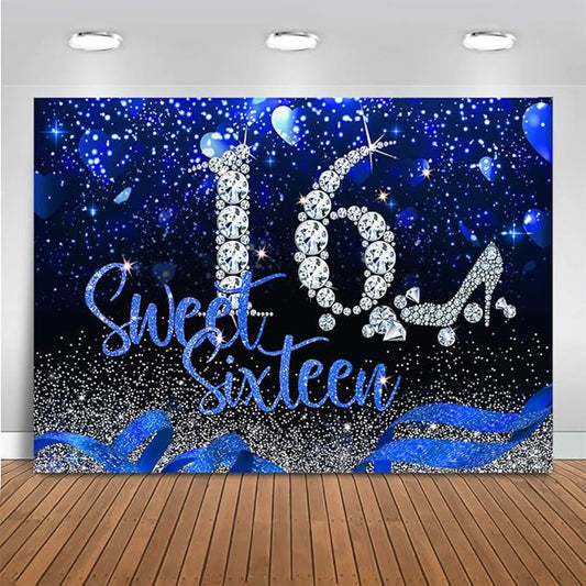 Mocsicka 7x5 Sweet 16 Birthday Backdrop Blue and Silver Sixteen Birthday Decoration for Girls Happy 16th Banner Background for Photography Party Supplies (7x5ft (82x60 inch))