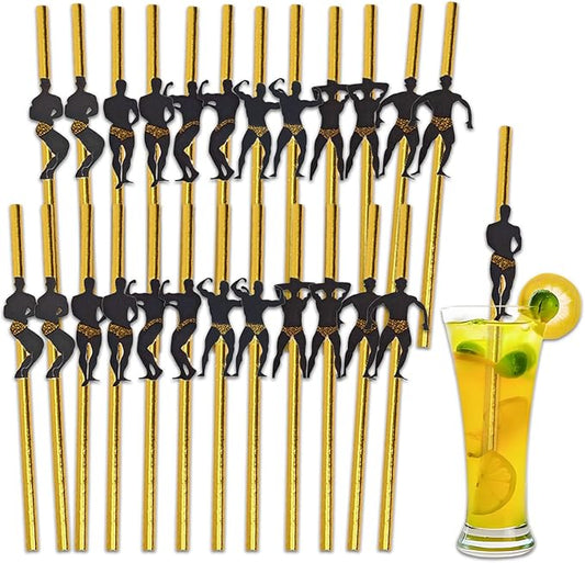 30 Pcs Disposable Paper Straws 7.7-inch Bachelorette Party Decor Fun Long Drinking Straws Tumbler Straws Bachelor Party Supplies (Golden)