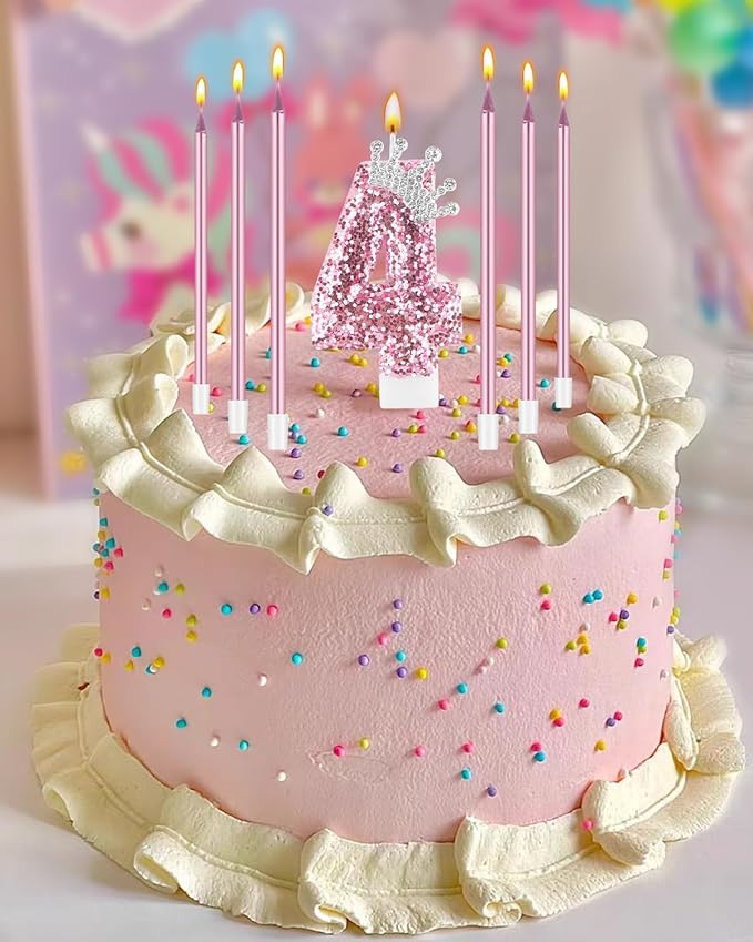 Birthday Candles for Cake, Pink Number Candles, Cake Candles with Greeting Card for Birthday Party Wedding Anniversary Celebrations (4 Candle, Silver Crown)