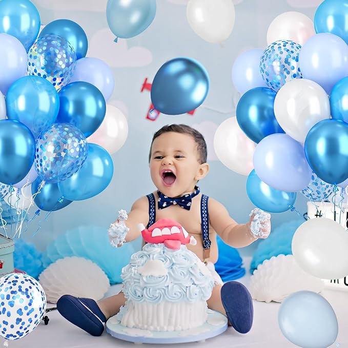 Paready Blue Balloons Set, 60 Pcs 12 Inch Pearl Blue Balloons Metallic Blue Macaron Balloon, Baby Blue Confetti Party Balloon for Baby Shower Birthday Wedding Bridal Shower Decorations
