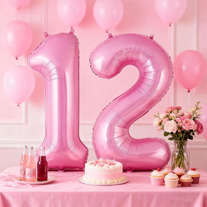 Pink Number 12 Balloons, Big Large Foil Number Balloons, Jumbo Giant Mylar Balloons for Birthday Party Decorations Supplies Anniversary (Number 12)