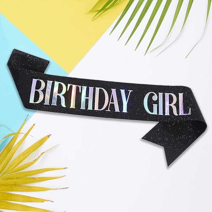 Birthday Sash for Girl, Dazzle Foil Letter Glitter Black Birthday Sash for Women Girl Kids Teenager Bday Gifts Party Favors Photo Prop