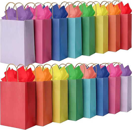 BLEWINDZ 32 Pieces Gift Bags with 32 Tissues, 8 Colors Party Favor Bags with Handles, Rainbow Gift Bag for Wedding, Birthday, Party Supplies and Gifts