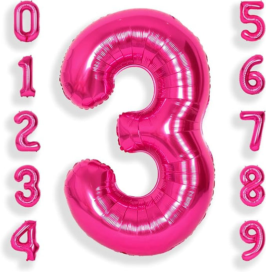 SUWEN 40 Inch Hot Pink Large 3 Number Balloons Big Foil Helium Number Balloons 0-9 Jumbo Happy 3rd Mylar Birthday Party Decorations for Girl Anniversary Party Supplies