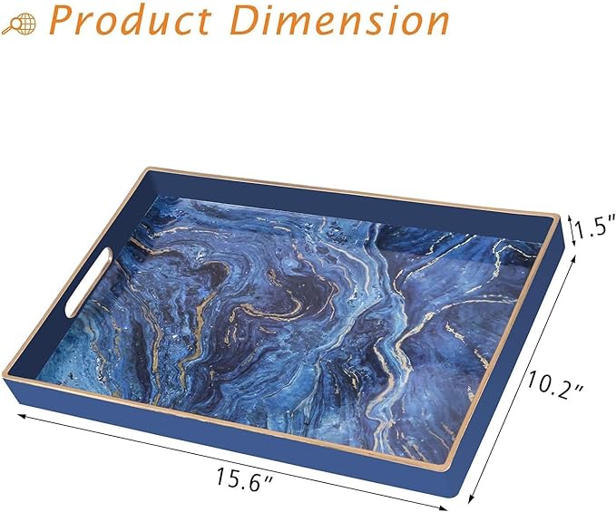 Decorative Tray, Marbling Plastic Tray with Handles, Rectangular Vanity Tray and Serving Tray for Bathroom, Kitchen, Ottoman and Coffee Table, 15.6” x 10.2” (Blue)
