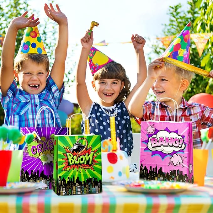 24 Pcs Hero Party Favor Bags with Handles - Hero Goodie Bags, Gift Bags. Comic Hero Theme Candy Bags for Kids, Kraft Paper Bags for Birthday Party Supplies and Baby Shower Decorations.