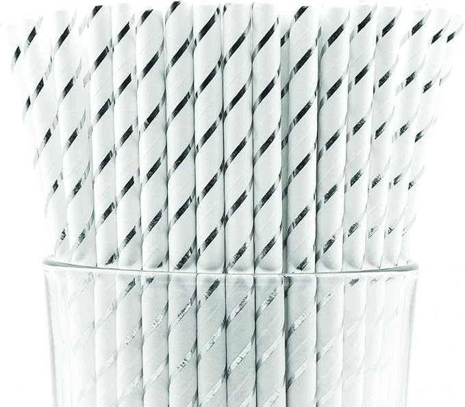 Pack of 300 Silver Foil Stripes Biodegradable 4-Ply Paper Drinking Straws (Compostable, Non-toxic, BPA-free)