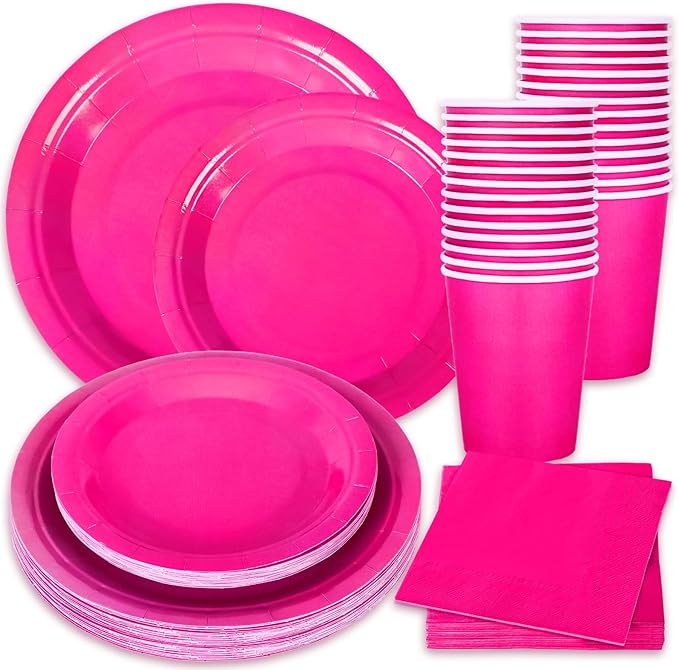 Whaline 100Pcs Hot Pink Pa rty Supplies Set Disposable Party Dinnerware Sets 50Pcs Paper Plates 25Pcs Napkin 25Pcs Cups for Wedding Birthday Party Supplies Table Decorations