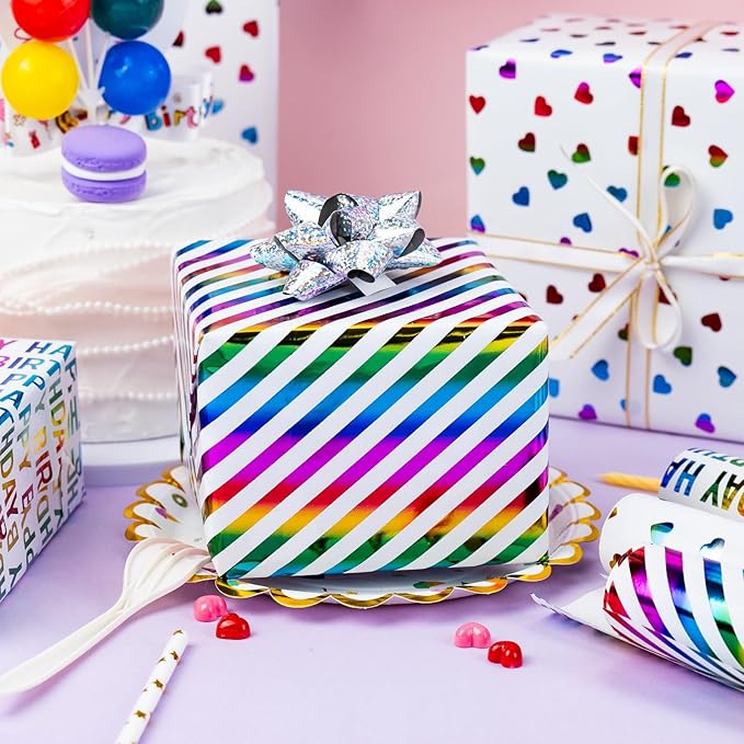 MAYPLUSS Birthday Wrapping Paper, Girl Iridescent Gift Wrapping Paper, Rainbow Foil Heart Polka Dots Stripes Bundle Gift Wrap for Kids Party, All Occasion (Mini Roll, 17 inch x 120 inch Per Roll)
