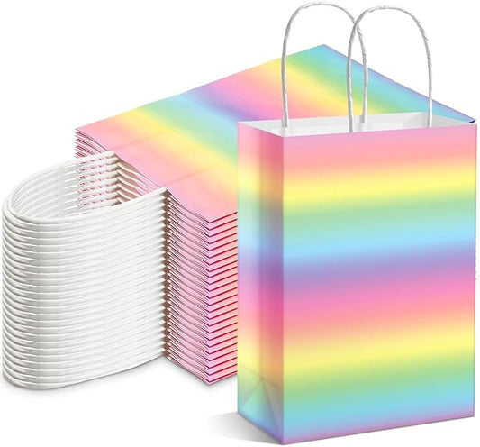 Humyoun 24 Pcs Pastel Gift Bags Pastel Rainbow Paper Treat Goodies Bags with Handles Candy Gifts Wrapping for Baby Shower Wedding Birthday Party Supplies