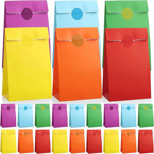 Nezyo 60 Pcs Pastel Gingham Paper Gift Bags with Stickers for Party 5.1 x 3.1 x 9.4 Inches Colorful Rainbow Paper Candy Bag for Party Favor Wedding Birthday Candy Snack DIY Goodie Treat (Rainbow Color)