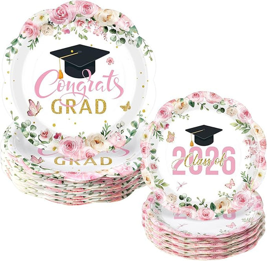 Funnymoom 60 Pcs Pink Graduation Floral Paper Plates 9" and 7" Class of 2026 and Congrats Grad Cap Disposable Party Dessert Plates for College High School Grad Party Decorations