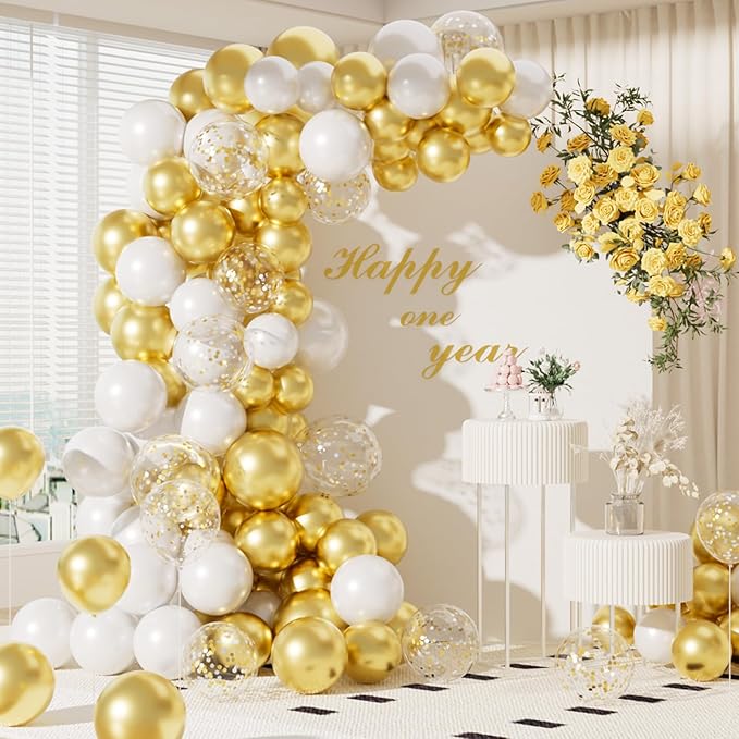 Metallic Shiny Gold and White Balloons 12 Inch 67PCS White Gold Confetti Balloons Latex Helium Balloon Set for Graduation Anniversary Wedding Birthday Party Decorations