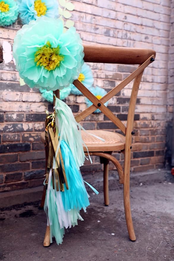 Fonder Mols Tissue Paper Chrysanth Flowers with Butterfly and Olive Leaves for Wedding Baby Shower Nursery Room Parties & Events Decorations Pom Poms (White Mint Baby Blue)
