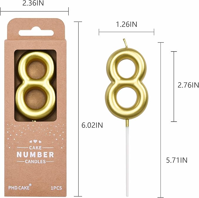 PHD CAKE 2.76 inch Classical Gold 8 Number Birthday Candles, Gold Number Candles, Cake Number Candles, Party Celebration