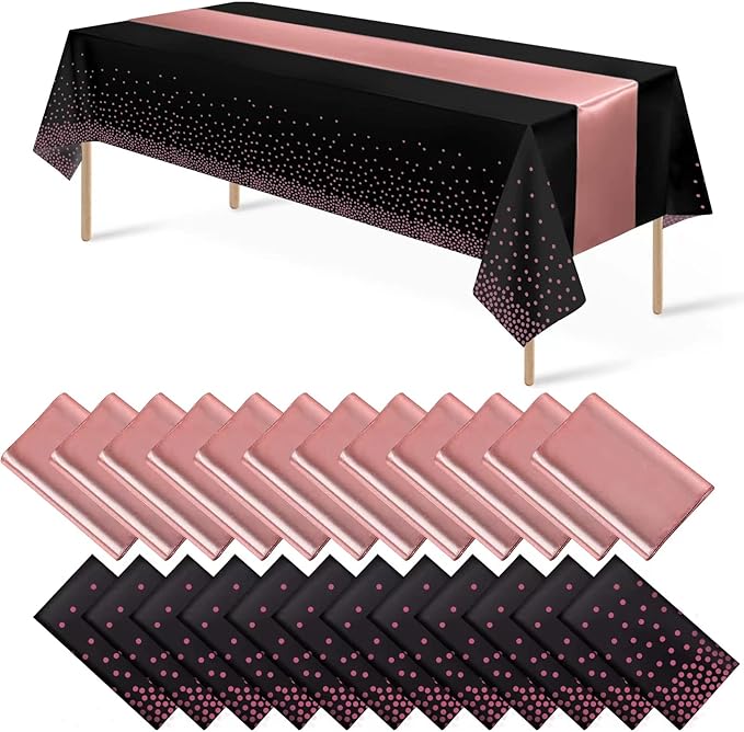 24Pack Disposable Plastic Tablecloth and Satin Table Runner Black and Rose Gold Dot Tablecloth Rose Gold Satin Table Runner for Wedding Birthday Baby Shower Anniversary Christmas New Year Party Supply