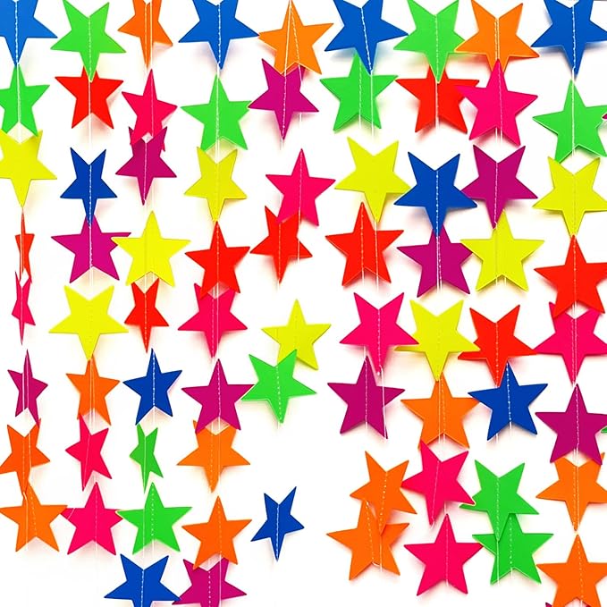 120feet UV Neon Star Garland Hanging Paper Streamers Glow in The Dark Black Light Glow Party Supplies and Decorations Glow in The Dark Garlands Blacklight Reactive Fluorescent Party Kit for Birthday