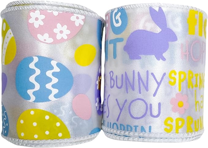 Meseey 2 Rolls Easter Ribbon, 2.5 Inch x 5 Yards Pastel Easter Egg & Happy Easter Wired Ribbon, Decorative Ribbon for Wreaths, Gift Wrapping, Easter Baskets, Crafts, Spring Party Decorations