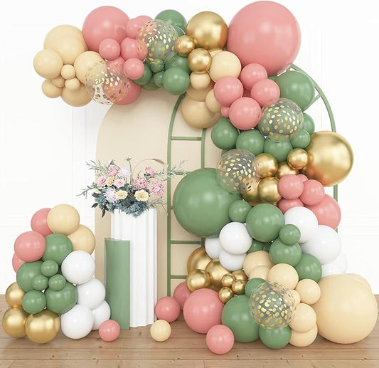 Amandir 153pcs Retro Green Pink Balloon Garland Arch Kit, Different Sizes 18 12 10 5 inch White Dusty Pink Latex Metallic Confetti Balloons for Easter Jungle Safari Woodland Birthday Party Decorations