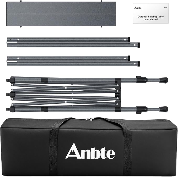Anbte 34.2” Tall Camping Table Foldable, 2 Adjustable Height Large Roll Up Camping Table Support 264lbs with Storage Basket and Bag, Waterproof, for Travel BBQ Outdoor Patio, 39.4” x 19.7”, Black