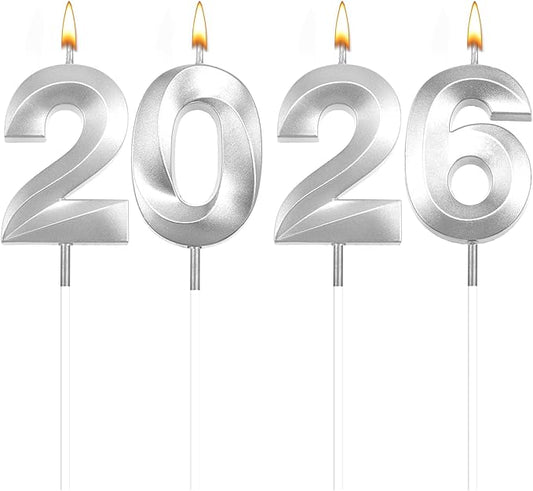 Graduation Candle 2026, 4 Pcs 3D Visual 2025 Silver Number Candles for Graduation Cake Decorations, Class of 2026 Cake Topper, 20, 22, 26, 60, 62 Birthday Candles Happy Birthday Cake Toppers