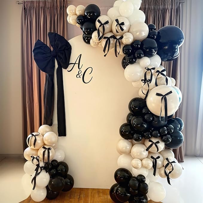HILAVO Black and Sand White Balloon Arch Kit 105 Pcs Bow Balloon Garland Coquette Bow Balloons Ribbon Double Stuffed Sand Black Balloons for Coquette Birthday Wedding Baby Shower Bridal Party Decor