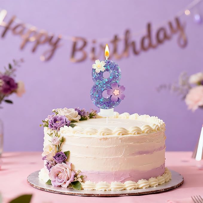 Purple Flower Birthday Candle,Number Birthday Candles for Cake, Ideal Birthday Parties Cake Decor, Wedding Anniversary and Other Celebrations (Number 8, Purple)