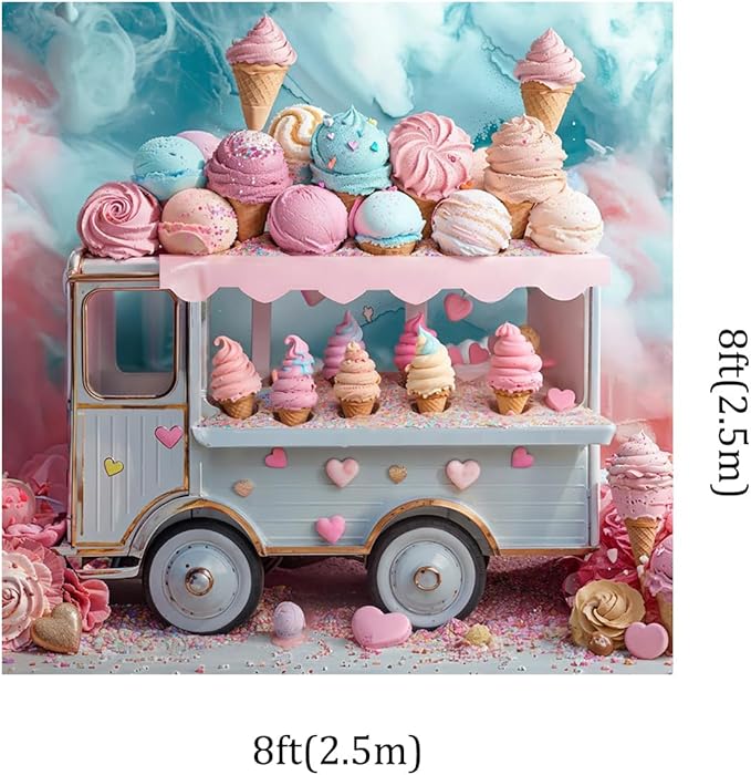 Kate 8x8ft Ice Cream Truck Happy Birthday Party Photography Backdrops Delicious Ice Cream Love Balloon Candy Photo Background Cake Smash Backgrounds