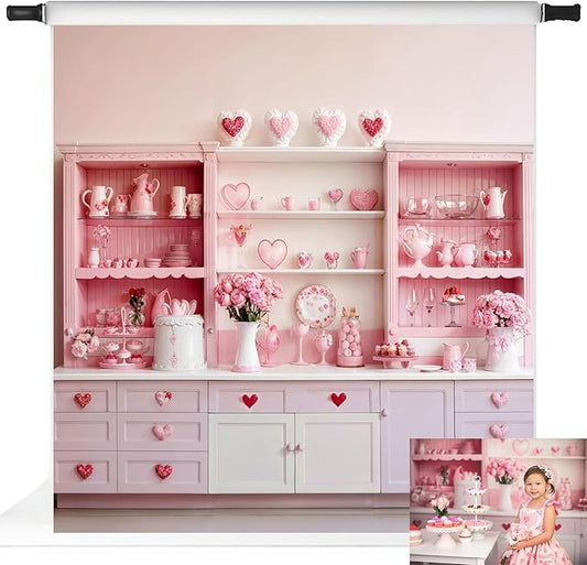 Kate Sweet Heart Backdrops Pink Kitchen Theme Girls Birthday Party Decorations Photo Studio Props, 10x10ft