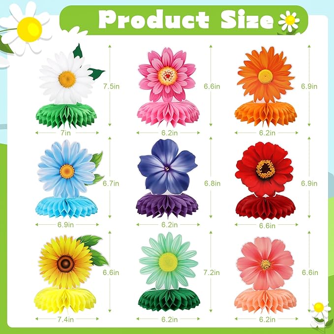 9 Pieces Spring Flower Centerpieces for Tables, Honeycomb Spring Birthday Party Decorations, Baby Shower Centerpieces for Girls, Spring Decorations for Office, Mothers Day Decorations (Flower)