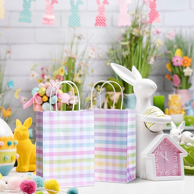 Humyoun 24 Pcs Spring Easter Checkered Gift Bags Easter Goodies Bags Spring Paper Gift Bags with Handles Easter Egg Hunt Party Treat Bag for Spring Easter Party Supplies