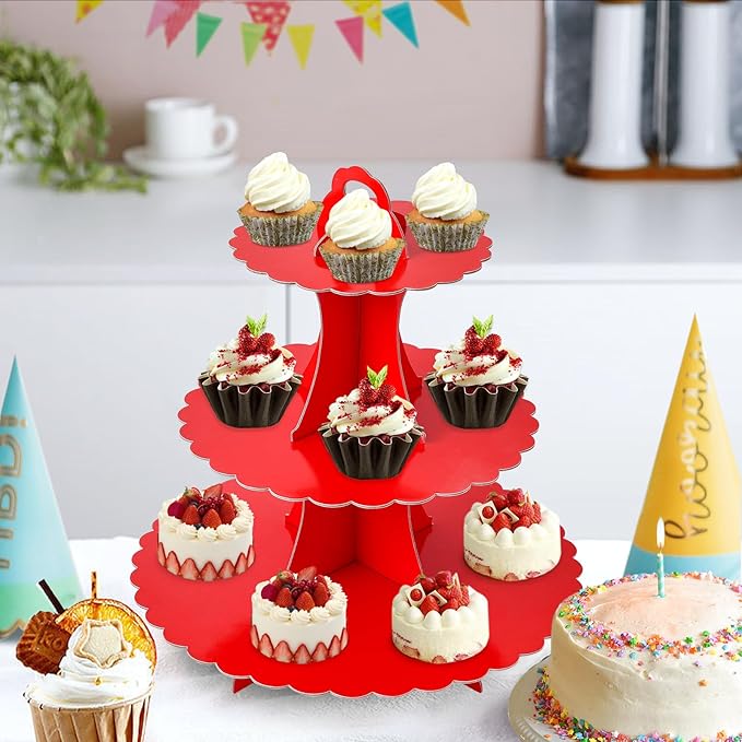 Soleebee 3-Tier Cupcake Stand, Cardboard Cupcake Tower, Dessert Cup Cake Stand Tower for Birthday Wedding Party Decoration, Cupcake Tier Stand 1 Set (Red)