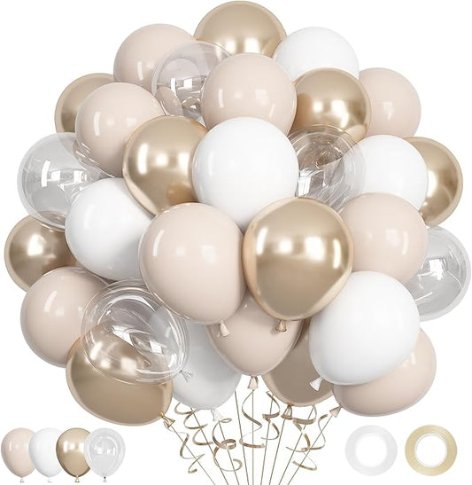 Ouddy Life 71pcs White Sand Cream Balloons Set, 12 inch Metallic Champagne Gold Nude Beige Clear Latex Balloons for Engagement Boho Wedding Baby Bridal Shower Birthday Anniversary Party Decorations