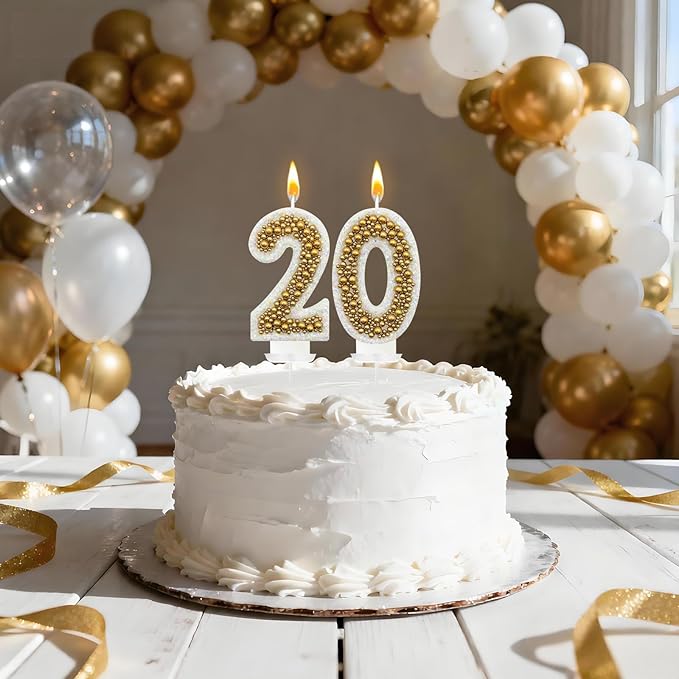 20 Birthday Number Candle for Cake, Glitter Number Candle with Gold Beads, Decorative Cake Topper for Milestone Celebrations