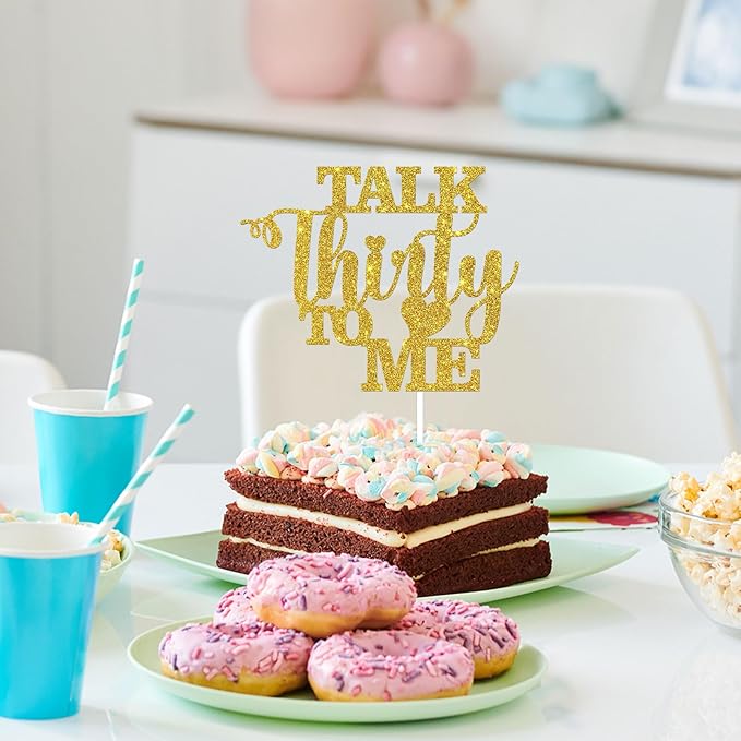 Talk Thirty to Me Cake Topper, Gold Glitter Dirty 30 for 30th Birthday Wedding Anniversary Hello 30 Party Decoration Supplies